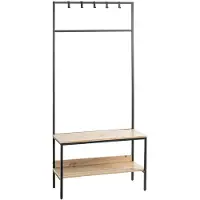 Haku Staande kapstok , 5 haken, totaal draagvermogen 15 kg, 2 legplanken, B 800 x D 350 x H 1800 mm, staal/hout/metaal, decor zwart/licht eiken