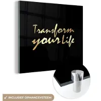 MuchoWow Glasschilderij 50x50 cm - Schilderij acrylglas - Quote - Leven - Goud - Zwart - Foto op glas - Schilderijen