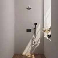 Brauer Black Edition thermostatische inbouw regendouche met drukknoppen SET 57 met 20 cm douchekop en gebogen muurarm en 3-standen handdouche en doucheslang en wandaansluitbocht mat zwart