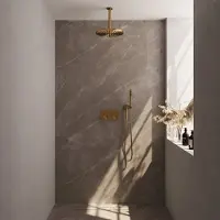 Brauer Gold Edition thermostatische inbouw regendouche met drukknoppen SET 54 met 30 cm douchekop en plafondarm en staaf handdouche en doucheslang en wandaansluitbocht goud geborsteld PVD