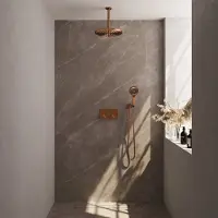 Brauer Copper Edition thermostatische inbouw regendouche met drukknoppen SET 60 met 30 cm douchekop en plafondarm en 3-standen handdouche en doucheslang en wandaansluitbocht koper geborsteld PVD
