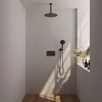 Brauer Black Edition thermostatische inbouw regendouche met drukknoppen SET 60 met 30 cm douchekop en plafondarm en 3-standen handdouche en doucheslang en wandaansluitbocht mat zwart