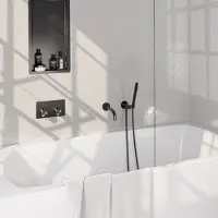 Brauer Gunmetal Edition thermostatische inbouw badkraan met drukknoppen SET 03 met uitloop en staaf handdouche en doucheslang en wandaansluitbocht gunmetal geborsteld PVD