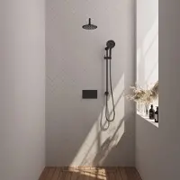 Brauer Black Edition thermostatische inbouw regendouche met drukknoppen SET 69 met 20 cm douchekop en gebogen muurarm en 3-standen handdouche en doucheslang en geïntegreerde glijstang mat zwart