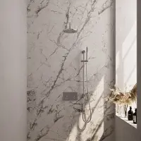 Brauer Chrome Edition thermostatische inbouw regendouche met drukknoppen SET 63 met 20 cm douchekop en gebogen muurarm en staaf handdouche en doucheslang en geïntegreerde glijstang chroom