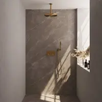 Brauer Gold Carving thermostatische inbouw regendouche met drukknoppen SET 54 met 30 cm douchekop en plafondarm en staaf handdouche en doucheslang en wandaansluitbocht goud geborsteld PVD