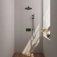 Brauer Black Carving thermostatische inbouw regendouche met drukknoppen SET 62 met 30 cm douchekop en rechte muurarm en staaf handdouche en doucheslang en geïntegreerde glijstang mat zwart