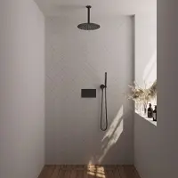 Brauer Black Edition thermostatische inbouw regendouche met drukknoppen SET 54 met 30 cm douchekop en plafondarm en staaf handdouche en doucheslang en wandaansluitbocht mat zwart