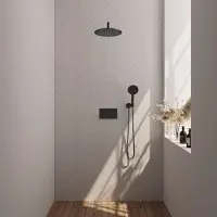 Brauer Black Edition thermostatische inbouw regendouche met drukknoppen SET 58 met 30 cm douchekop en gebogen muurarm en 3-standen handdouche en doucheslang en wandaansluitbocht mat zwart