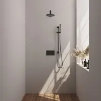 Brauer Black Edition thermostatische inbouw regendouche met drukknoppen SET 61 met 20 cm douchekop en rechte muurarm en staaf handdouche en doucheslang en geïntegreerde glijstang mat zwart