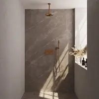 Brauer Copper Carving thermostatische inbouw regendouche met drukknoppen SET 53 met 20 cm douchekop en plafondarm en staaf handdouche en doucheslang en wandaansluitbocht koper geborsteld PVD