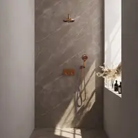 Brauer Copper Carving thermostatische inbouw regendouche met drukknoppen SET 57 met 20 cm douchekop en gebogen muurarm en 3-standen handdouche en doucheslang en wandaansluitbocht koper geborsteld PVD