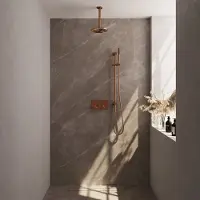 Brauer Copper Edition thermostatische inbouw regendouche met drukknoppen SET 65 met 20 cm douchekop en plafondarm en staaf handdouche en doucheslang en geïntegreerde glijstang koper geborsteld PVD