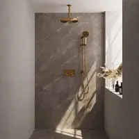 Brauer Gold Carving thermostatische inbouw regendouche met drukknoppen SET 72 met 30 cm douchekop en plafondarm en 3-standen handdouche en doucheslang en geïntegreerde glijstang goud geborsteld PVD