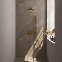 Brauer Edition Inbouw Doucheset - Staafhanddouche - 20cm Hoofdouche - Gebogen Wandarm - Glijstang - Geborsteld Goud PVD - Messing - Kranen, - Kranen, Douchekranen, Douchesets, Inbouw douchesets