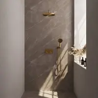 Brauer Gold Edition thermostatische inbouw regendouche met drukknoppen SET 58 met 30 cm douchekop en gebogen muurarm en 3-standen handdouche en doucheslang en wandaansluitbocht goud geborsteld PVD