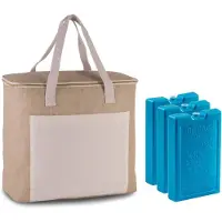 Kimood Grote koeltas jute/canvas 20 liter en 38 x 32 x 16 cm met 3x stuks koelelementen blauw - Koeltas