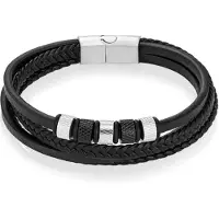 Mendes Leren Multi armband RVS kralen Zwart Zilverkleurig-22cm