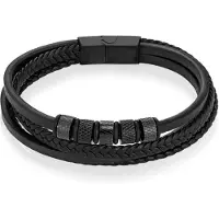 Mendes Leren Multi armband RVS kralen Zwart-18.5cm