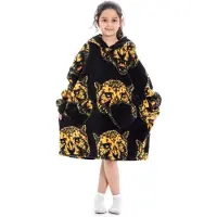 Badrock Tijgerkop fleece hoodie deken met mouwen kind – fleece poncho kind – plaid met mouwen - maat 128/152 – lengte 75 cm - chillen – Warm & zacht – relax outfit kids – zwart -
