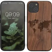 Kwmobile telefoonhoesje geschikt voorApple iPhone 14 - Hoesje met bumper - hout - In donkerbruin Wereldkaart design