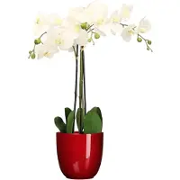 Mica Decorations Orchidee kunstplant wit - 75 cm - inclusief bloempot rood glans - Kunstbloemen in pot
