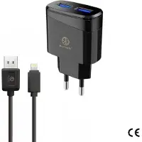 Rico Vitello Oplader , thuislader 2,4A en kabel 1 meter Zwart, USB Lightning kabel voor iPhone, travel charger , CE certificate