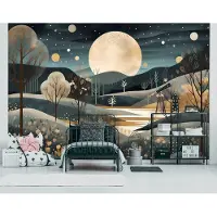 Consalnet Vliesbehang - Fotobehang - Nacht - Landschap - Abstract - Kunst - Maan - Bomen - Bergen - 146 x 208 cm (Hoogte x Lengte)