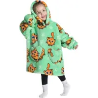 Badrock Katjes fleece hoodie deken met mouwen - fleece poncho voor kinderen – fleece plaid met mouwen - hoodie blanket - maat 98/128 – lengte 60 cm – warm & zacht – relax outfit kids – groen -