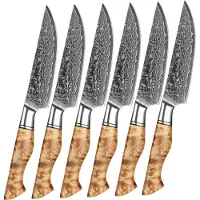 HEZHEN Steakmessen Damascus staal - Set van 6 stuks | Handvaten van Plataanhout met Klinknagel Mozaïek | B30 Series