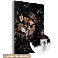 MuchoWow Glasschilderij vrouw - Bloemen - Vlinder - Hoofddoek - Portret - Kamer decoratie - Foto op glas - 120x160 cm - Schilderij botanisch - Wanddecoratie glas - Woonkamer - Muurdecoratie