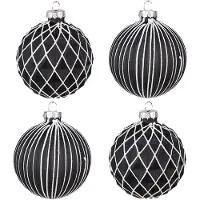 Clayre & Eef Kerstbal Set van 4 Ø 8 cm Zwart Wit Glas Kerstdecoratie Zwart Kerstdecoratie