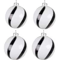 Clayre & Eef Kerstbal Set van 4 Ø 8 cm Wit Zwart Glas Strepen Kerstdecoratie Wit Kerstdecoratie