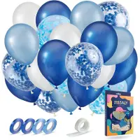 Fissaly 40 stuks Blauw, Wit & Donkerblauw Helium Ballonnen met Lint – Verjaardag Versiering Decoratie – Papieren Confetti – Latex