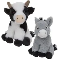 Nature Planet Pluche boerderijdieren knuffels Koe en Ezel setje van 23 en 16 cm - Knuffel boederijdieren