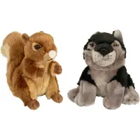 Nature Planet Bosdieren zachte pluche knuffels 2x stuks - Eekhoorn en Grijze Wolf van 18 cm - Knuffeldier