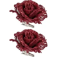 COSY&TRENDY Kerstboomversiering Bloemen - 4x - 10 cm - rood glitter - op clip - ornament