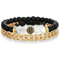 Victorious Set Armbanden Heren – Natuurstenen/RVS Roestvrij Staal – Zwart/Goudkleurig/Wit – 17.5cm