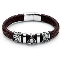 Victorious Gevlochten Leren Armband Heren – Bruin Leer – Zilverkleurig Spade - 19cm