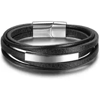 Victorious Leren Armband Heren – Zwarte Stroken Leer & Zilverkleurige Elementen – Zilverkleurig/Zwart – 22cm