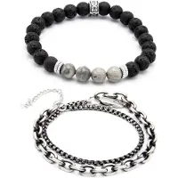 Victorious Set Natuurstenen Kralen Armbanden en Staal Heren – Lavasteen/RVS Roestvrij Staal – Zwart/Zilver – 18cm