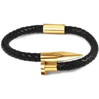 Victorious Handgevlochten Leren Armband Heren – Goudkleurig RVS Roestvrij Staal – Zwart/Goudkleurig – 22cm