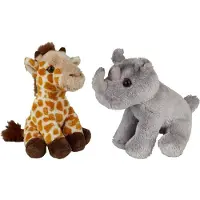 Ravensden Safari dieren serie pluche knuffels 2x stuks - Neushoorn en Giraffe van 15 cm - Knuffeldier