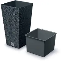 Prosperplast Plantenpot/bloempot Furu Stripes - voor buiten - kunststof - antraciet - vierkant - D20 x H38 cm - Plantenp