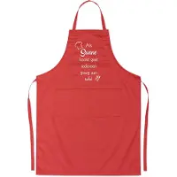 Kariban mijncadeautje - luxe schort - rood - Als (voornaam naar keuze) kookt, gaat iedereen graag aan tafel - opdruk wit