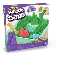 Kinetic Sand - Zandbak-set met 454 g groen origineel opbergzandbak 4 vormen en gereedschap - Sensorisch speelgoed