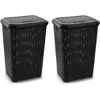 Forte Plastics 2x stuks grote rotan wasmand met deksel van 60 liter in het zwart - Wasmanden