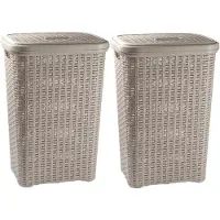 Forte Plastics Set van 2x wasmand rotan met deksel van 60 liter 35 x 43 x 62 cm taupe - Wasmanden