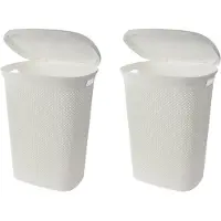 Bathroom Solutions Wasmand met deksel rotan gevlochten - 2x - wit - kunststof - 60 liter - 60 x 46 x 37 cm - Wasmanden