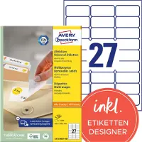 Avery-Zweckform AVERY Universele etiketten afneembaar L4737REV-100 A4 Wit 63,5 x 29,6 mm 100 Vellen à 27 Etiketten